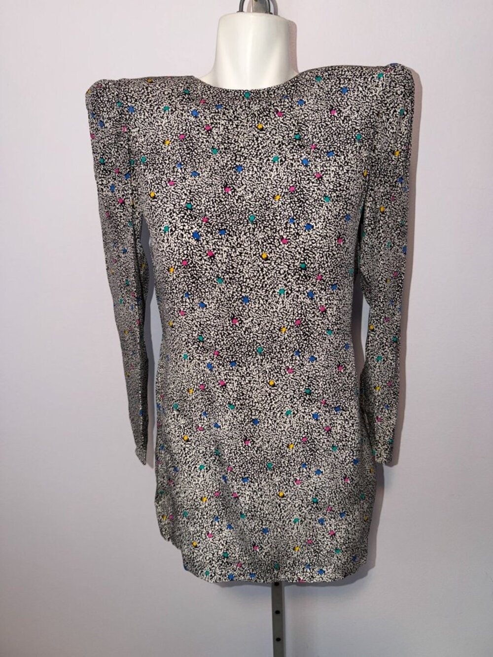 Vintage 80s Silk Studio Skirt Blouse Set 100% Silk Confetti Print Ruffle 2 Piece - Picture 7 of 8